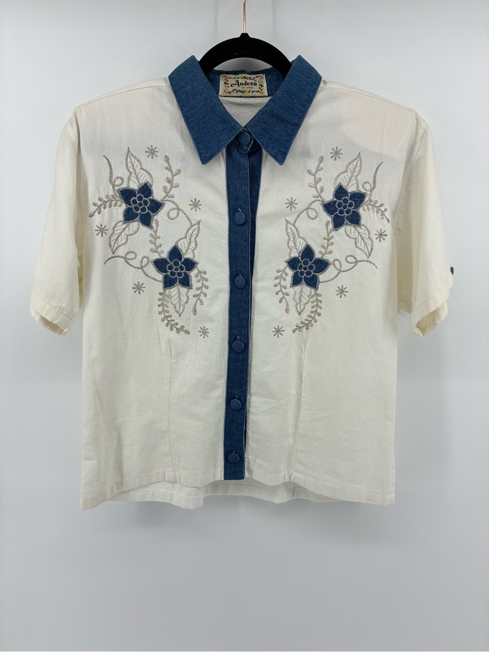 Vintage Ivory Short-Sleeve Blouse with Blue Embroidery